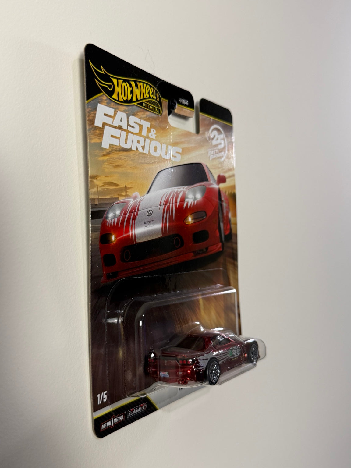 1995 Mazda RX-7 Hot Wheels Premium Fast & Furious 25th Anniversary, rear quarter packaging view