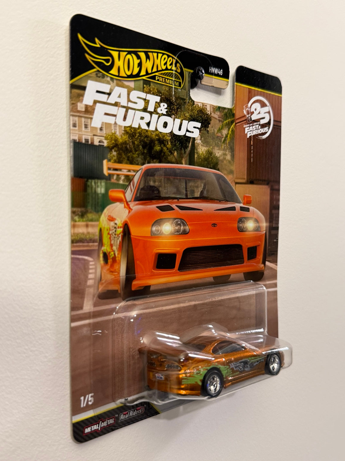 Toyota Supra Chase – Fast & Furious 25th Anniversary – Hot Wheels Premium angled packaging view